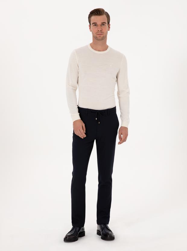 Lacivert Slim Fit Beli Bağcıklı Kanvas Pantolon