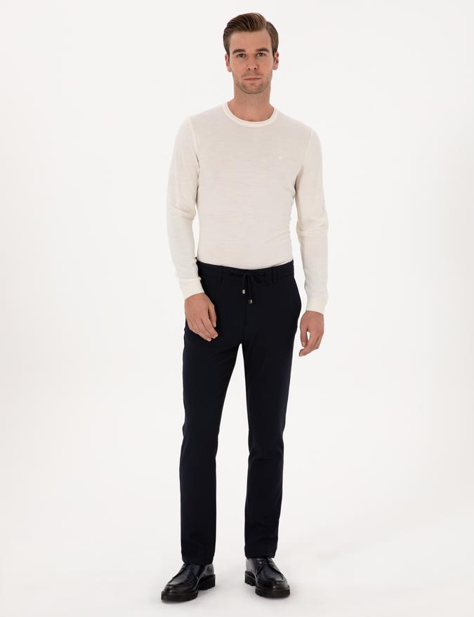 Lacivert Slim Fit Beli Bağcıklı Kanvas Pantolon
