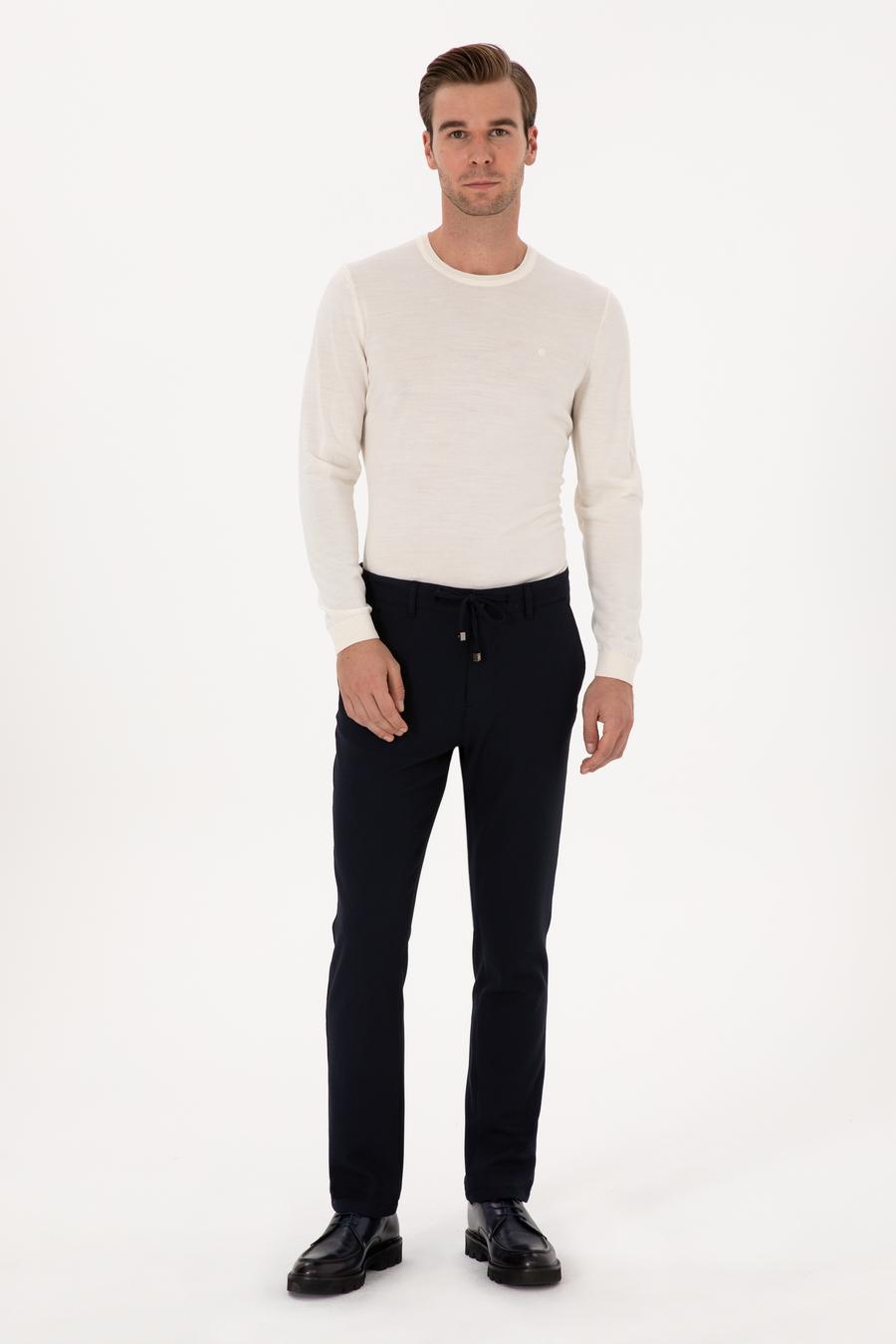 Lacivert Slim Fit Beli Bağcıklı Kanvas Pantolon - 50308731038