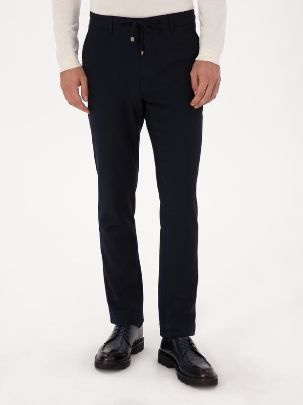 Lacivert Slim Fit Beli Bağcıklı Kanvas Pantolon
