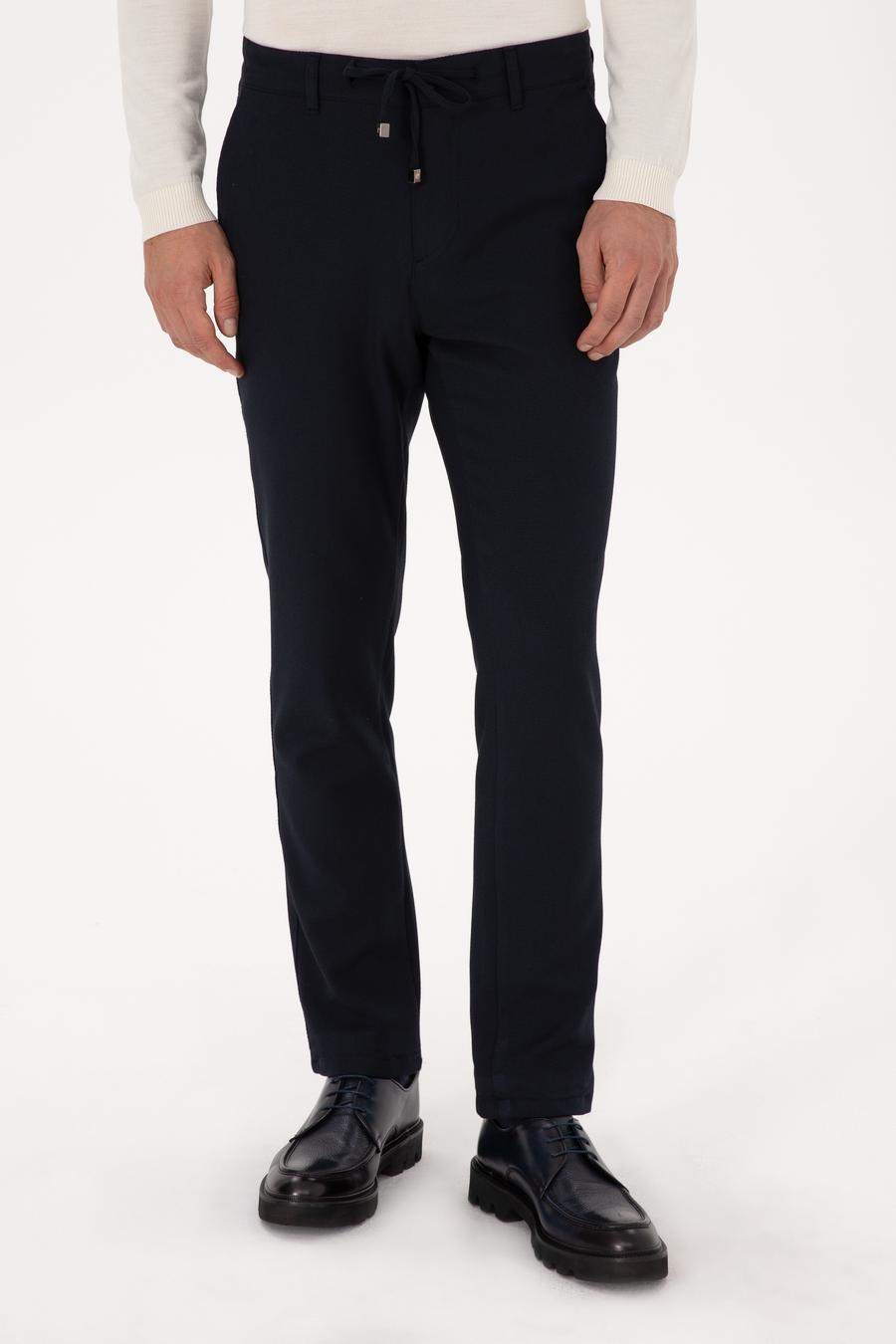 Lacivert Slim Fit Beli Bağcıklı Kanvas Pantolon - 50308731038