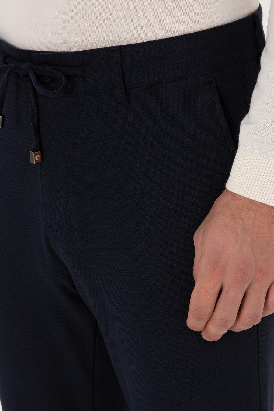 Lacivert Slim Fit Beli Bağcıklı Kanvas Pantolon - 50308731038