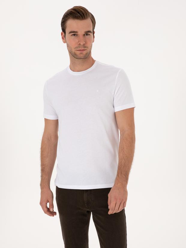 Beyaz Slim Fit %100 Pamuk Bisiklet Yaka Basic T-shirt