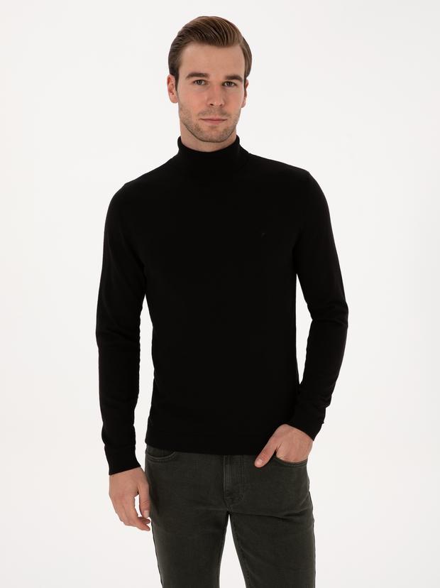 Siyah Slim Fit Balıkçı Yaka Pamuk Karışımlı Basic Triko Kazak