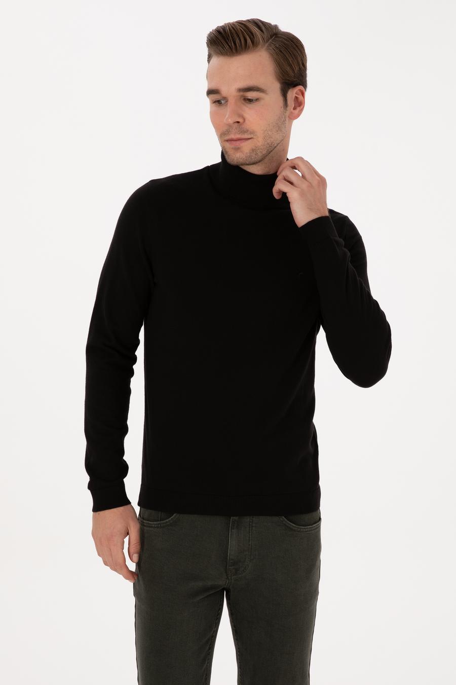 Siyah Slim Fit Balıkçı Yaka Pamuk Karışımlı Basic Triko Kazak - 50318678005