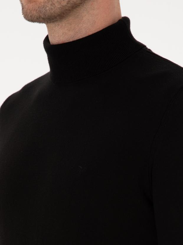 Siyah Slim Fit Balıkçı Yaka Pamuk Karışımlı Basic Triko Kazak