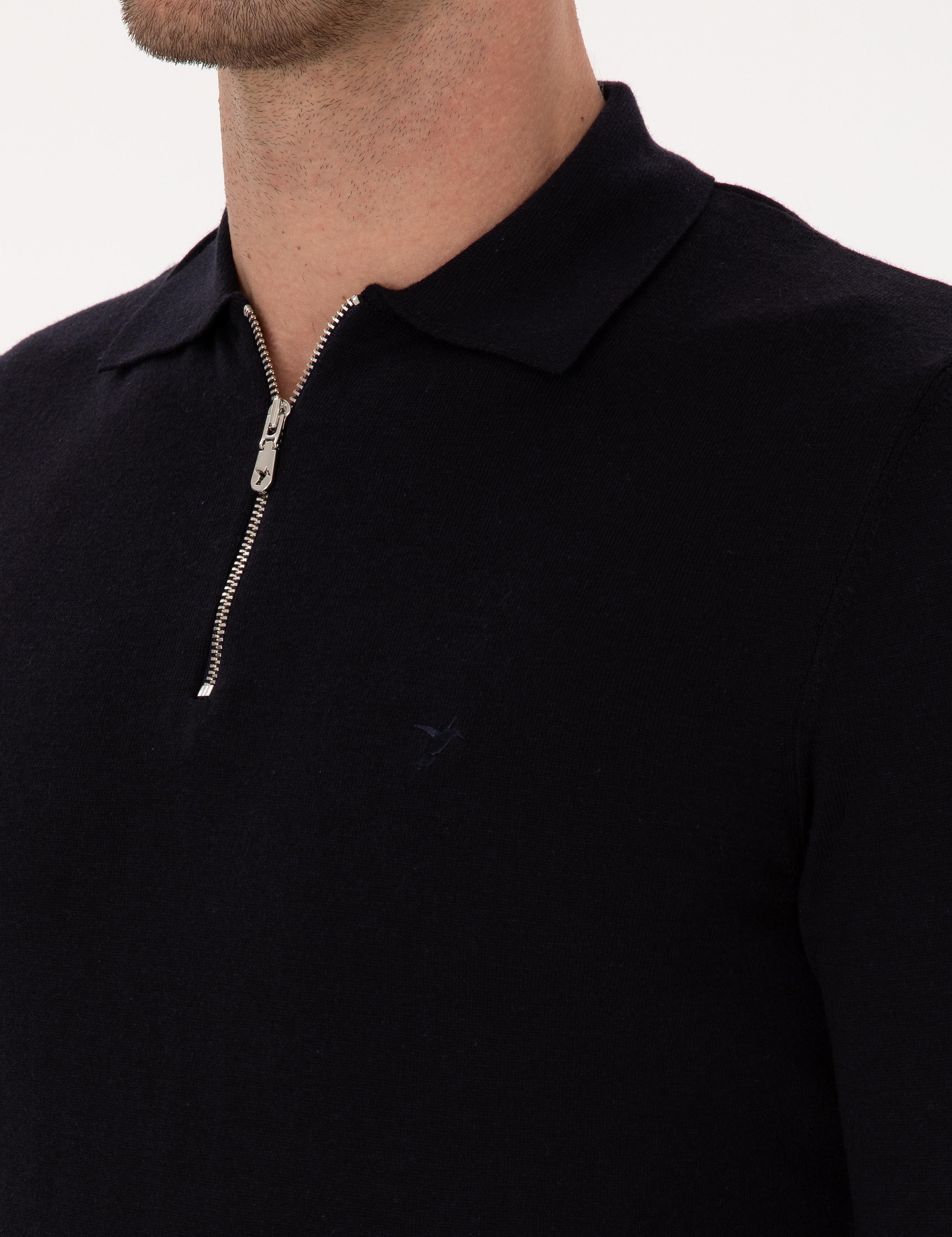 Lacivert Regular Fit Pamuk Karışımlı Fermuarlı Polo Yaka Basic Triko Kazak - 50318721006