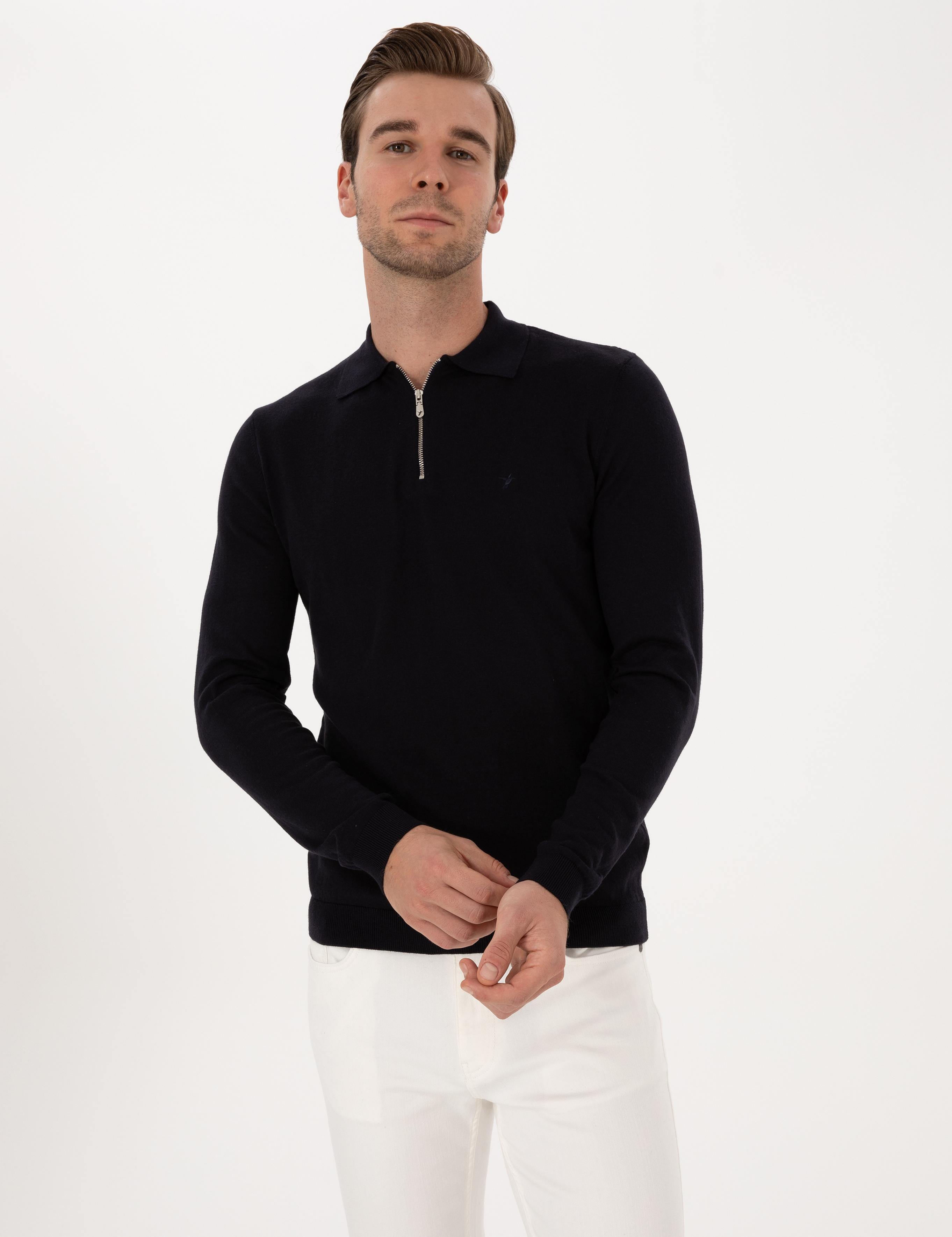 Lacivert Regular Fit Pamuk Karışımlı Fermuarlı Polo Yaka Basic Triko Kazak - 50318721006
