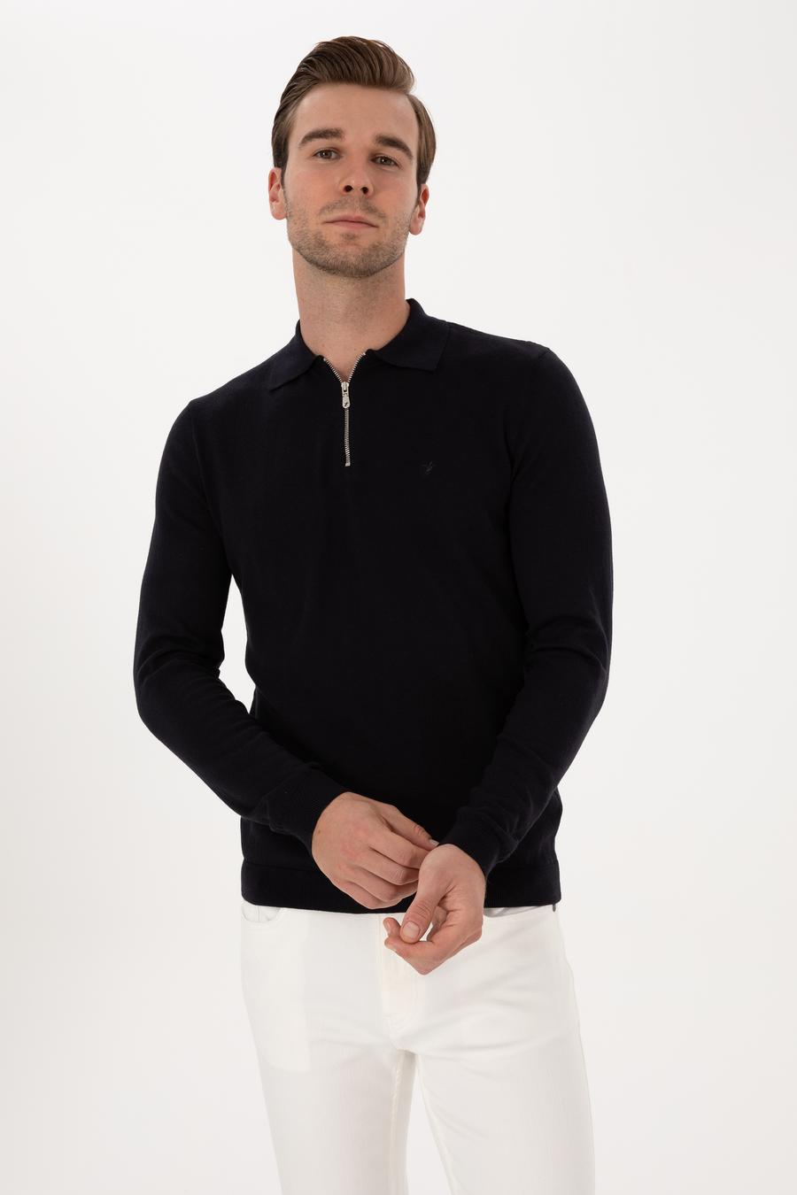Lacivert Regular Fit Pamuk Karışımlı Fermuarlı Polo Yaka Basic Triko Kazak - 50318721006