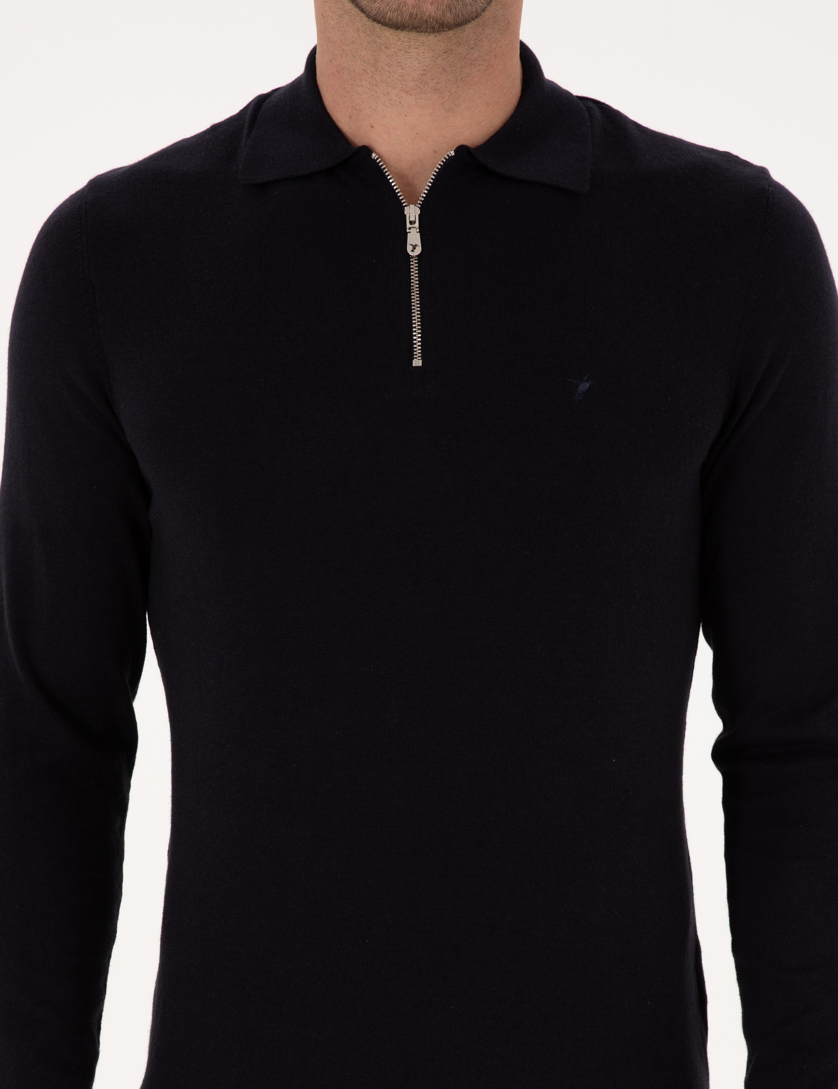 Lacivert Regular Fit Pamuk Karışımlı Fermuarlı Polo Yaka Basic Triko Kazak - 50318721006