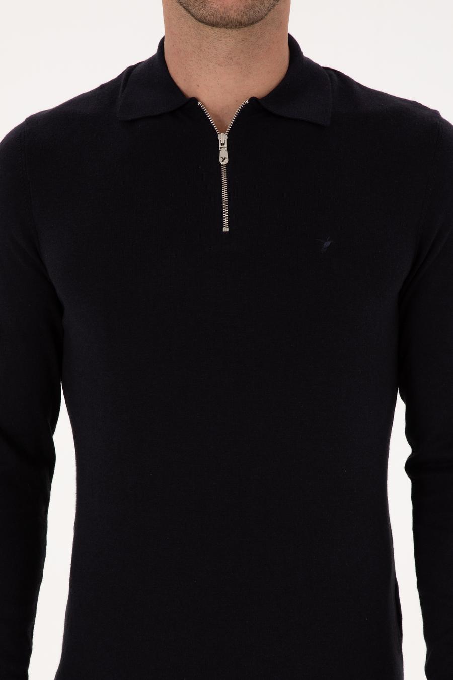 Lacivert Regular Fit Pamuk Karışımlı Fermuarlı Polo Yaka Basic Triko Kazak - 50318721006