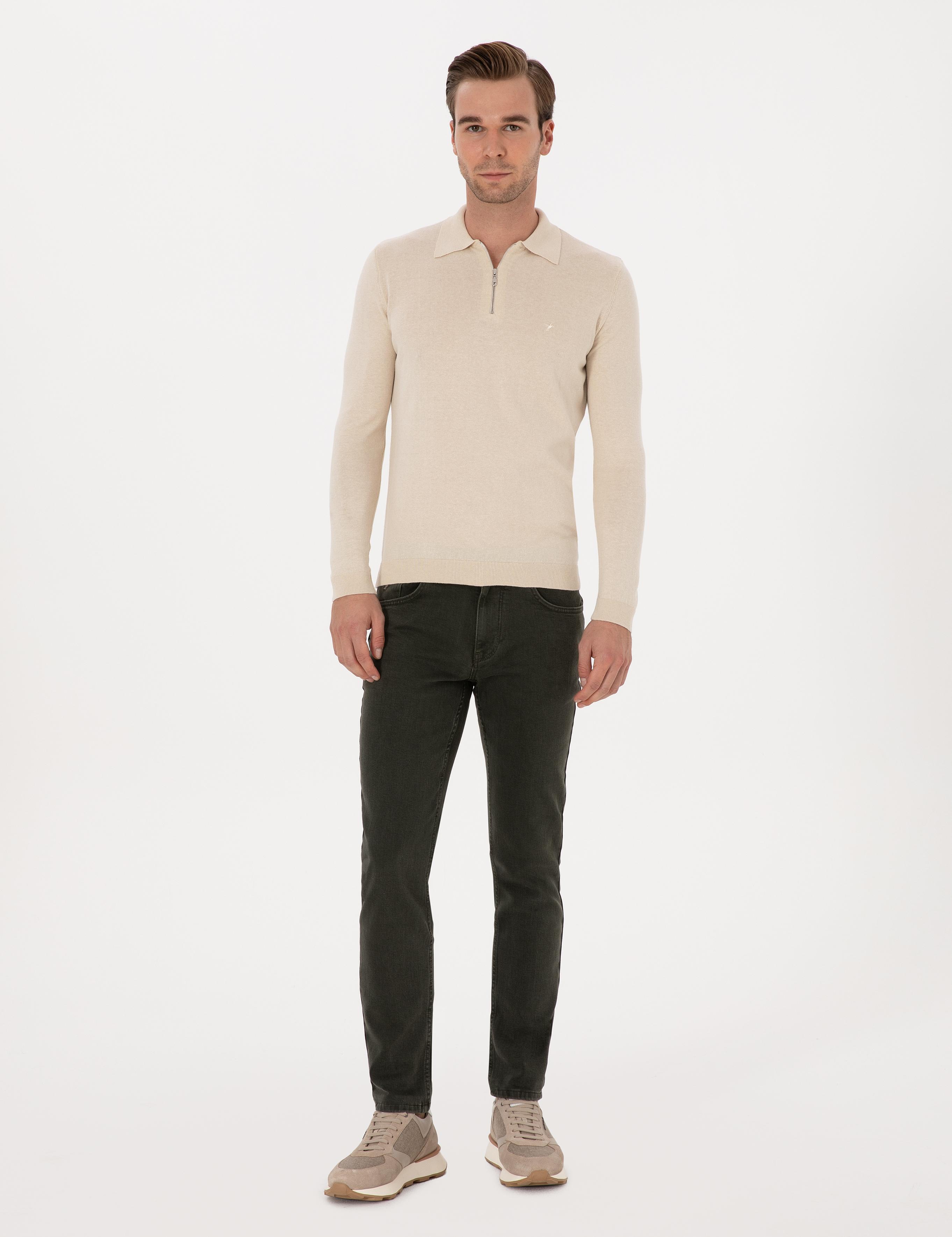 Bej Regular Fit Pamuk Karışımlı Fermuarlı Polo Yaka Basic Triko Kazak - 50318721022