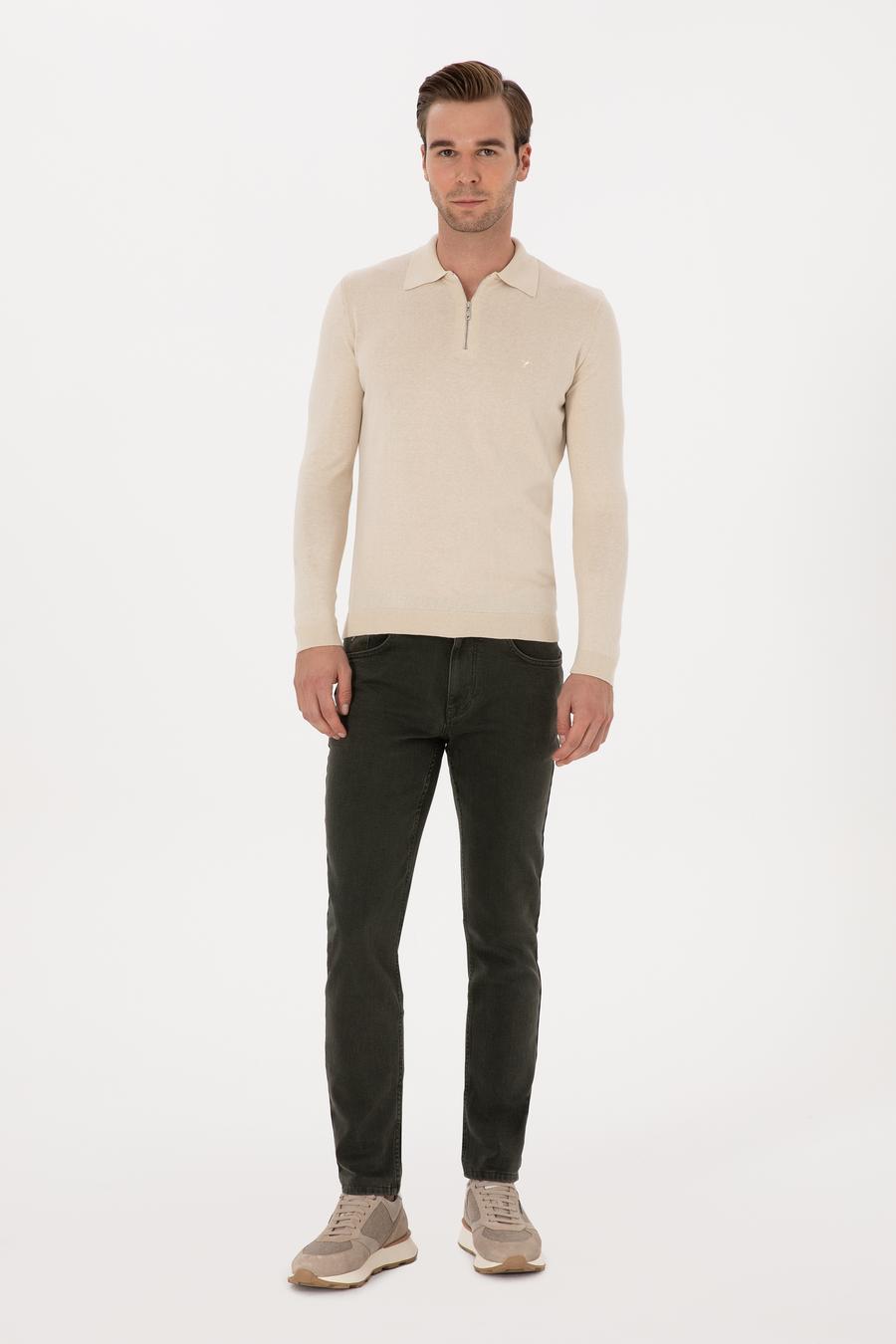 Bej Regular Fit Pamuk Karışımlı Fermuarlı Polo Yaka Basic Triko Kazak - 50318721022