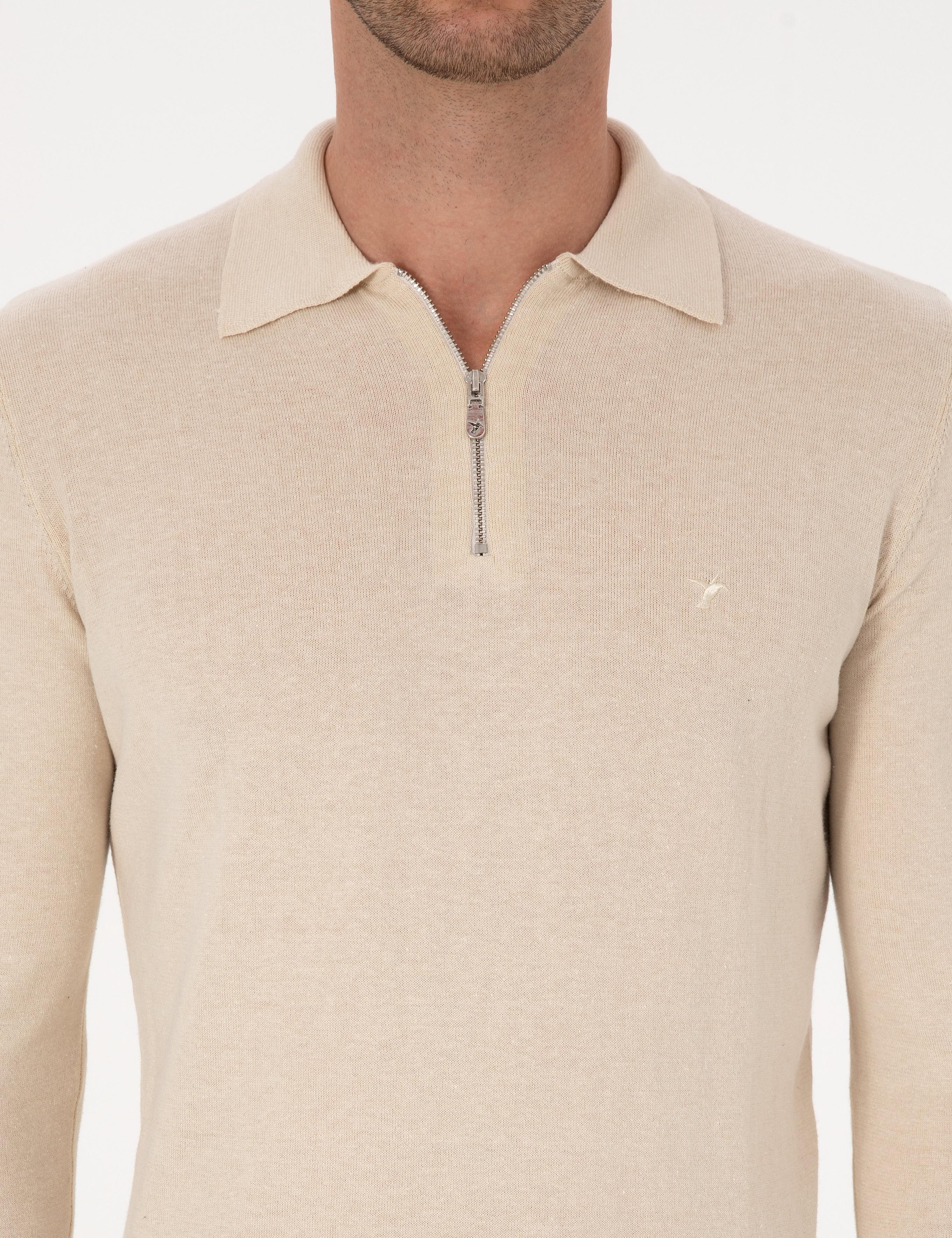 Bej Regular Fit Pamuk Karışımlı Fermuarlı Polo Yaka Basic Triko Kazak - 50318721022