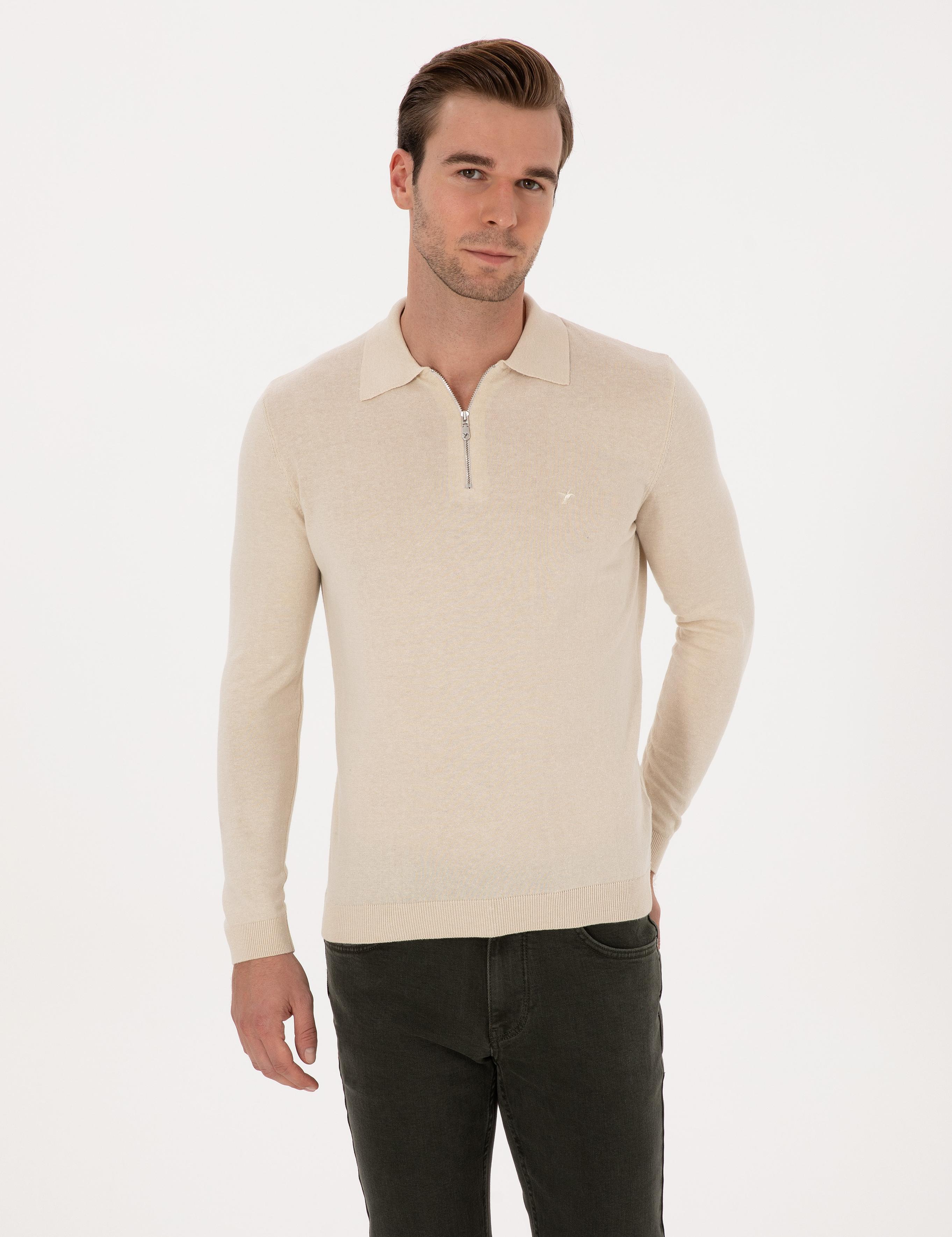 Bej Regular Fit Pamuk Karışımlı Fermuarlı Polo Yaka Basic Triko Kazak - 50318721022