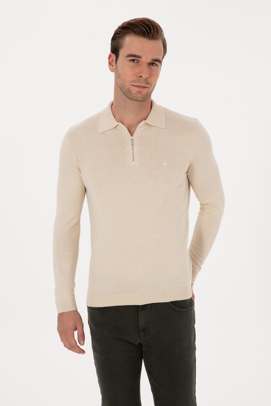 Bej Regular Fit Pamuk Karışımlı Fermuarlı Polo Yaka Basic Triko Kazak - 50318721022