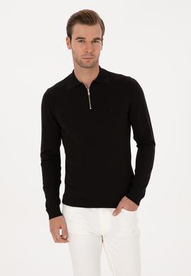 Siyah Regular Fit Pamuk Karışımlı Fermuarlı Polo Yaka Basic Triko Kazak