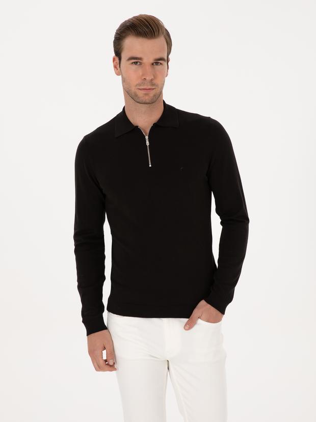 Siyah Regular Fit Pamuk Karışımlı Fermuarlı Polo Yaka Basic Triko Kazak