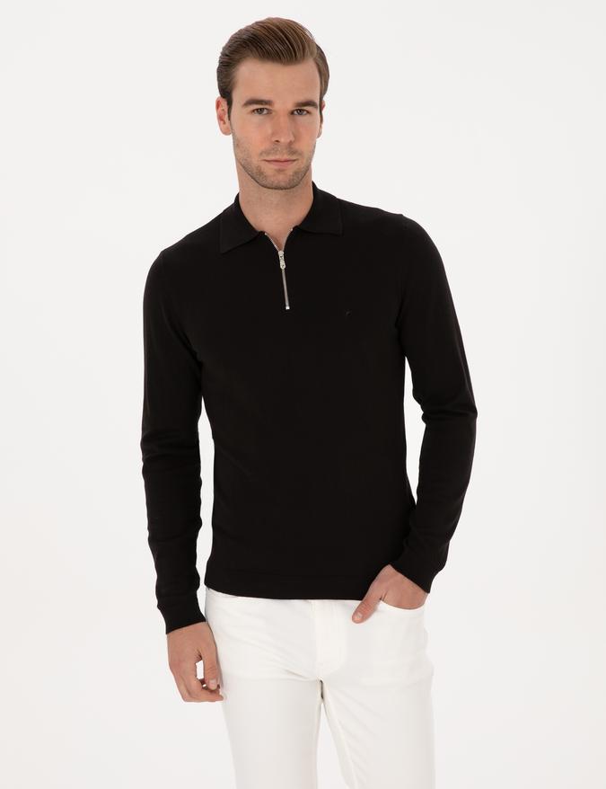 Siyah Regular Fit Pamuk Karışımlı Fermuarlı Polo Yaka Basic Triko Kazak
