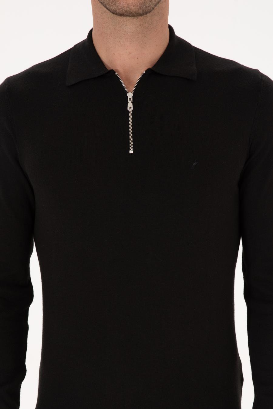 Siyah Regular Fit Pamuk Karışımlı Fermuarlı Polo Yaka Basic Triko Kazak - 50318721011