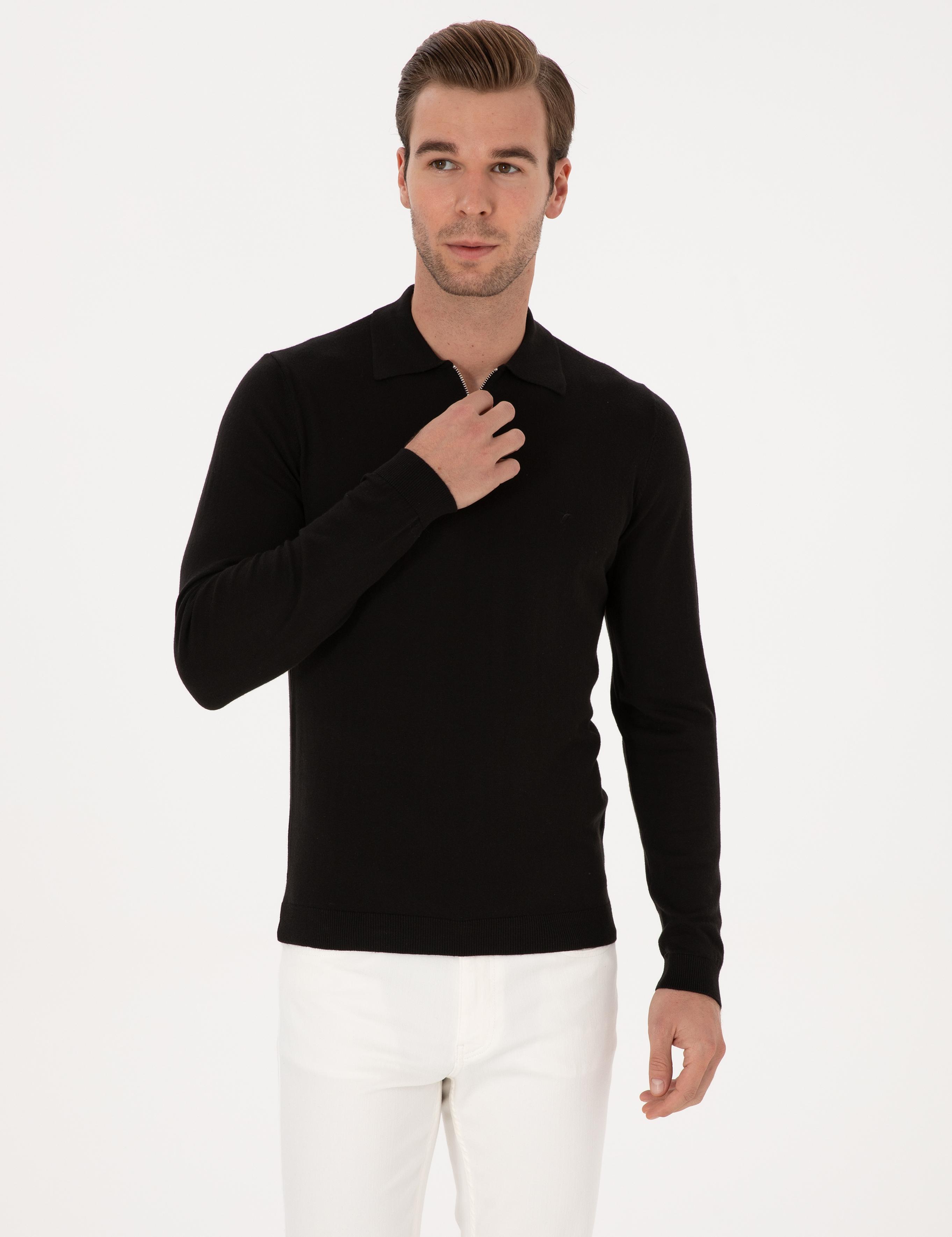 Siyah Regular Fit Pamuk Karışımlı Fermuarlı Polo Yaka Basic Triko Kazak - 50318721011