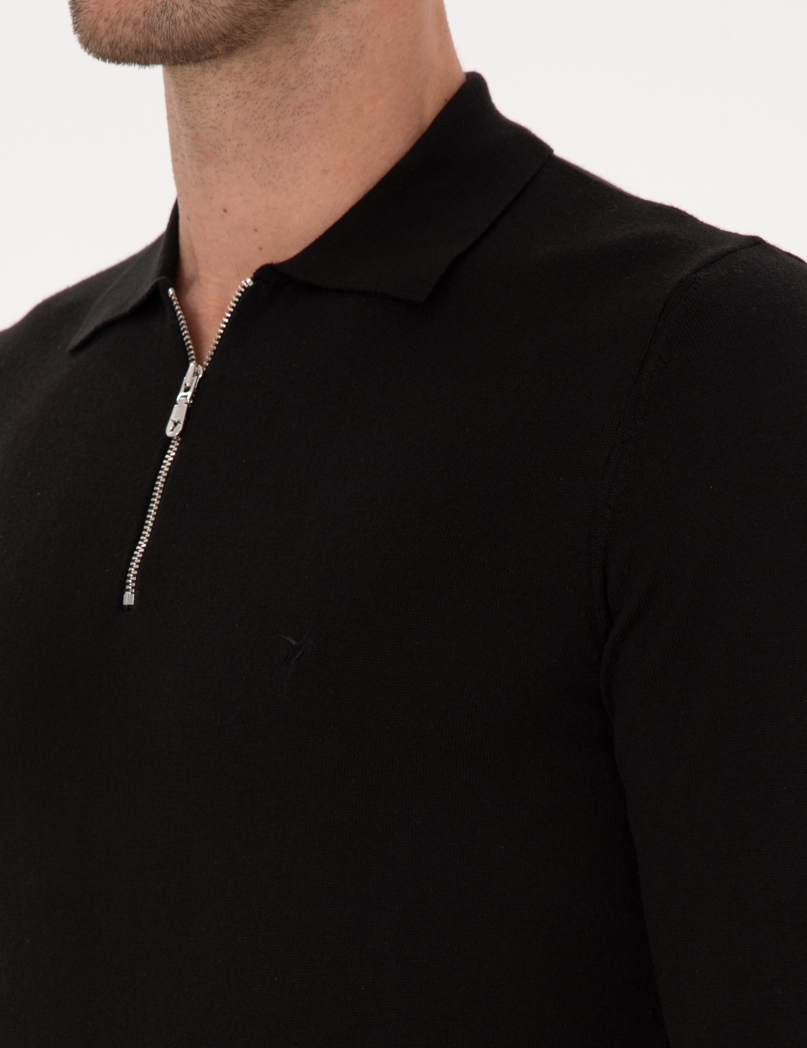 Siyah Regular Fit Pamuk Karışımlı Fermuarlı Polo Yaka Basic Triko Kazak - 50318721011