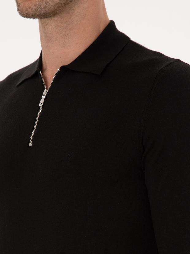 Siyah Regular Fit Pamuk Karışımlı Fermuarlı Polo Yaka Basic Triko Kazak