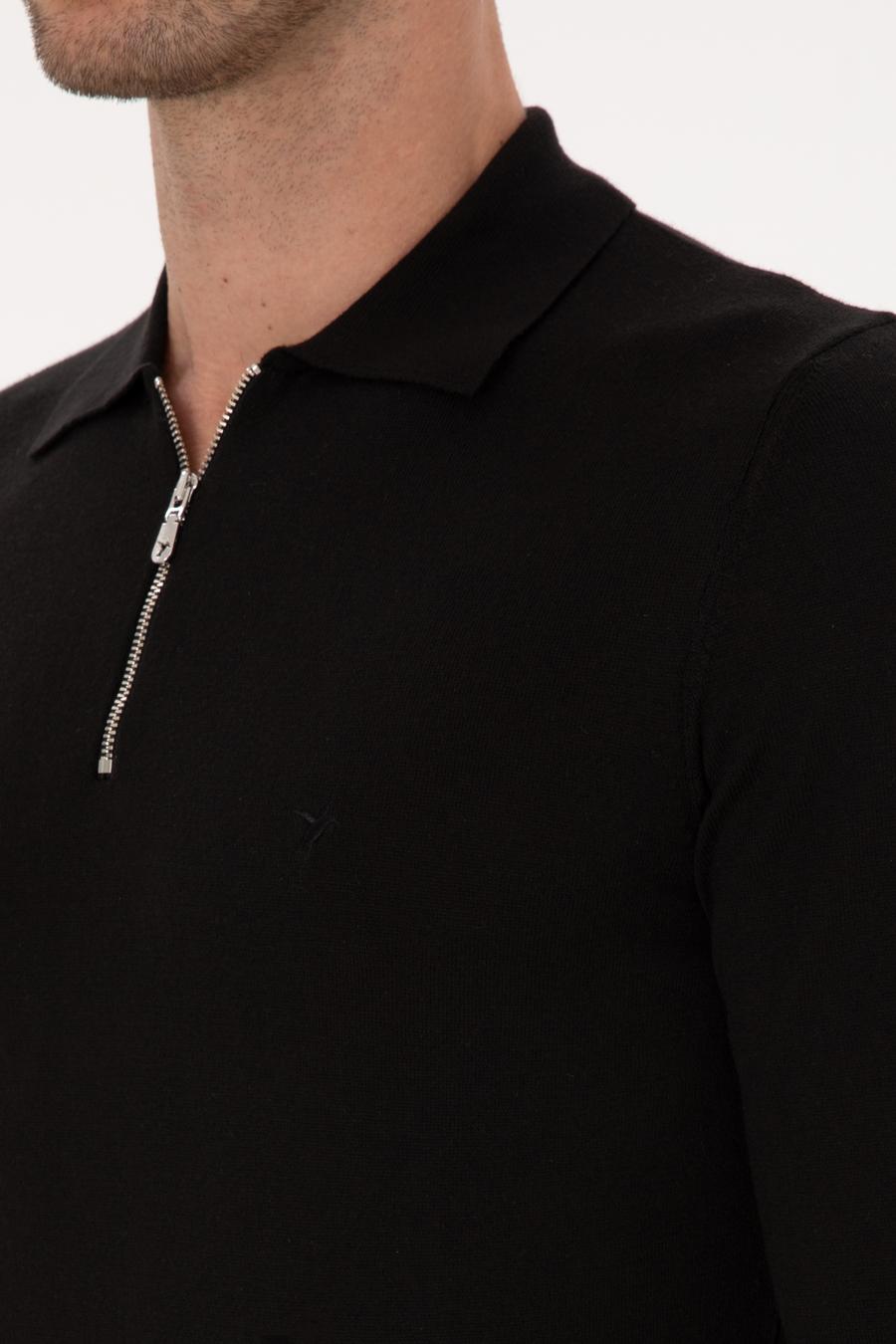 Siyah Regular Fit Pamuk Karışımlı Fermuarlı Polo Yaka Basic Triko Kazak - 50318721011