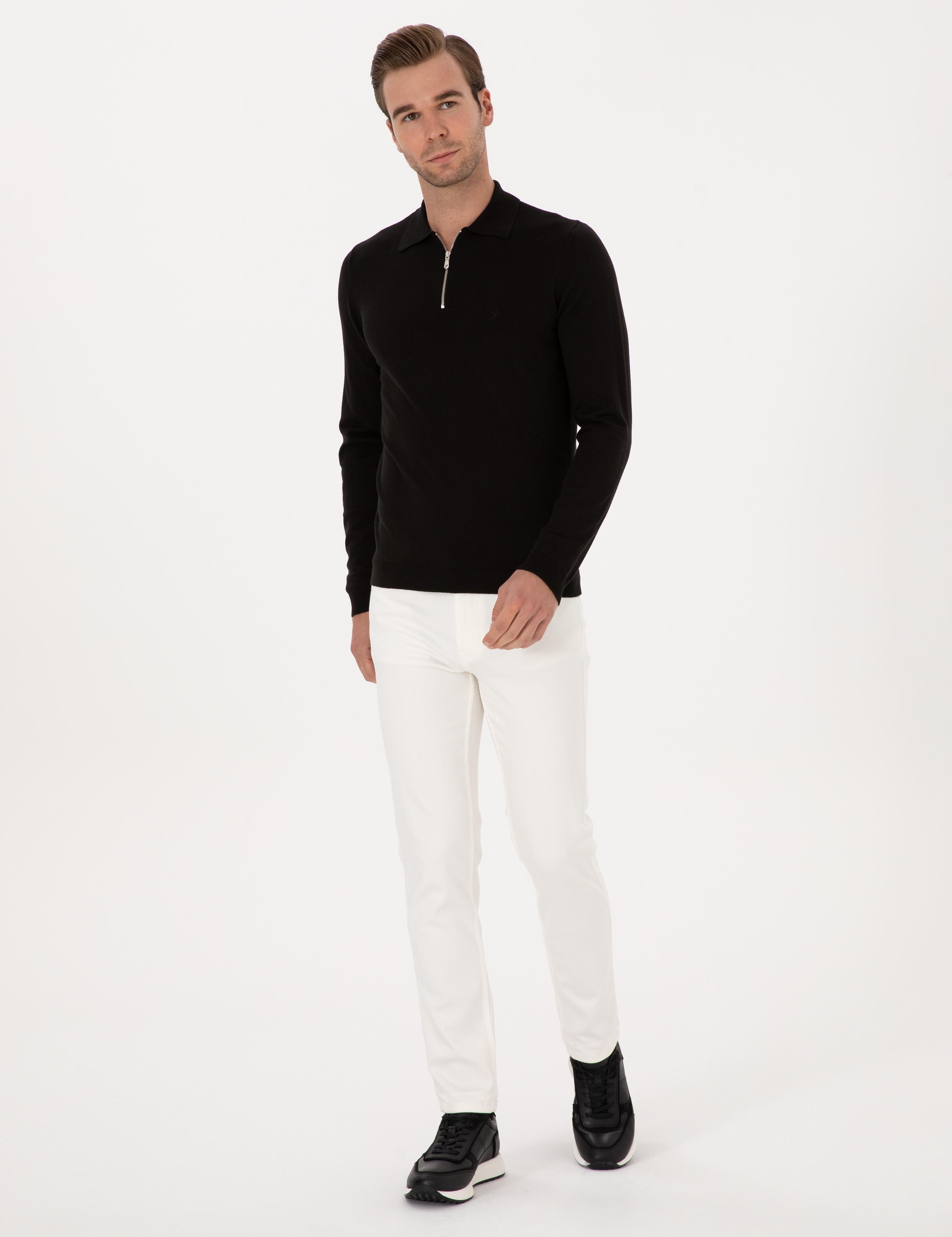 Siyah Regular Fit Pamuk Karışımlı Fermuarlı Polo Yaka Basic Triko Kazak - 50318721011