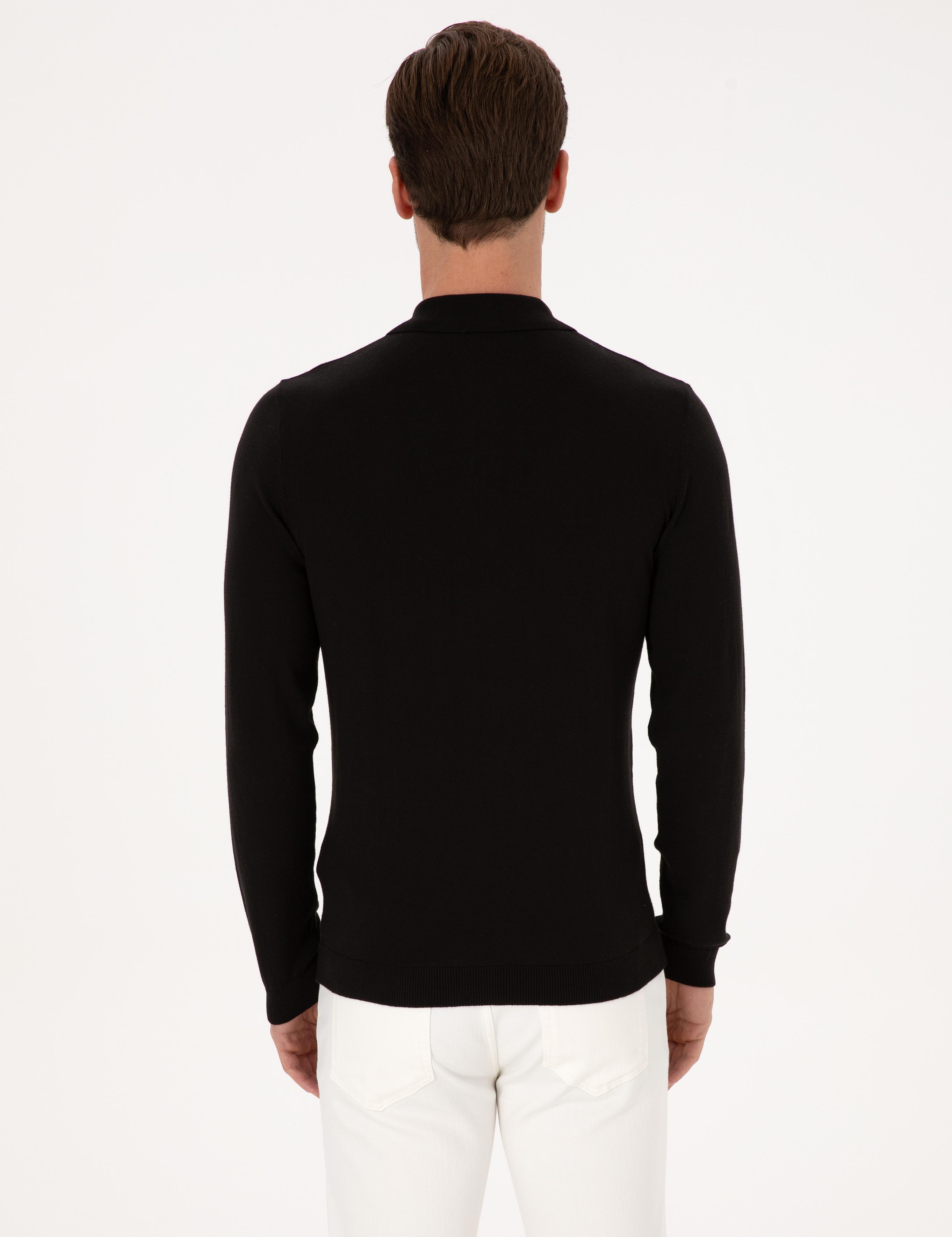 Siyah Regular Fit Pamuk Karışımlı Fermuarlı Polo Yaka Basic Triko Kazak - 50318721011