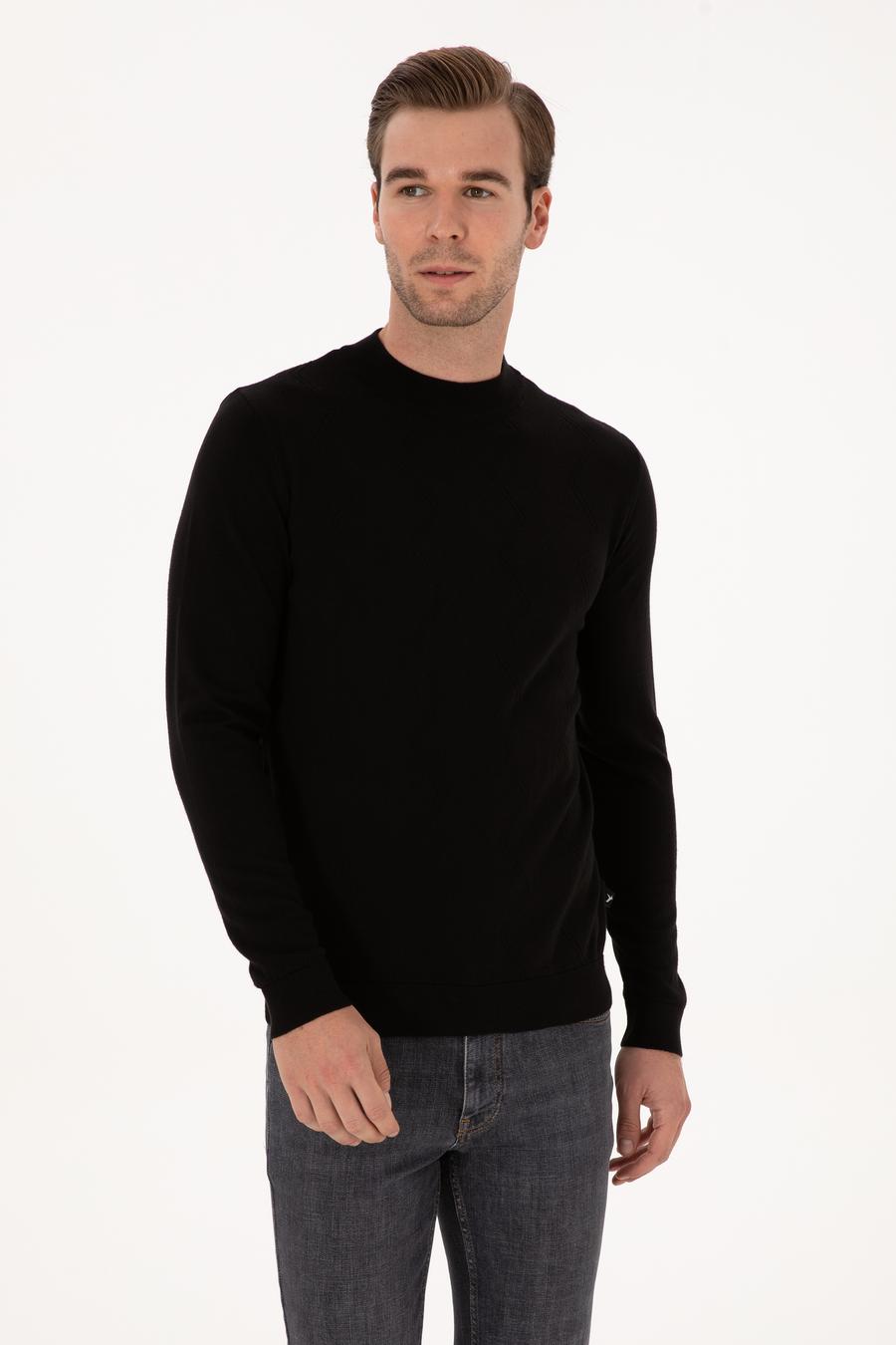 Siyah Slim Fit %100 Pamuk Çeyrek Balıkçı Yaka Triko Kazak - 50318950021