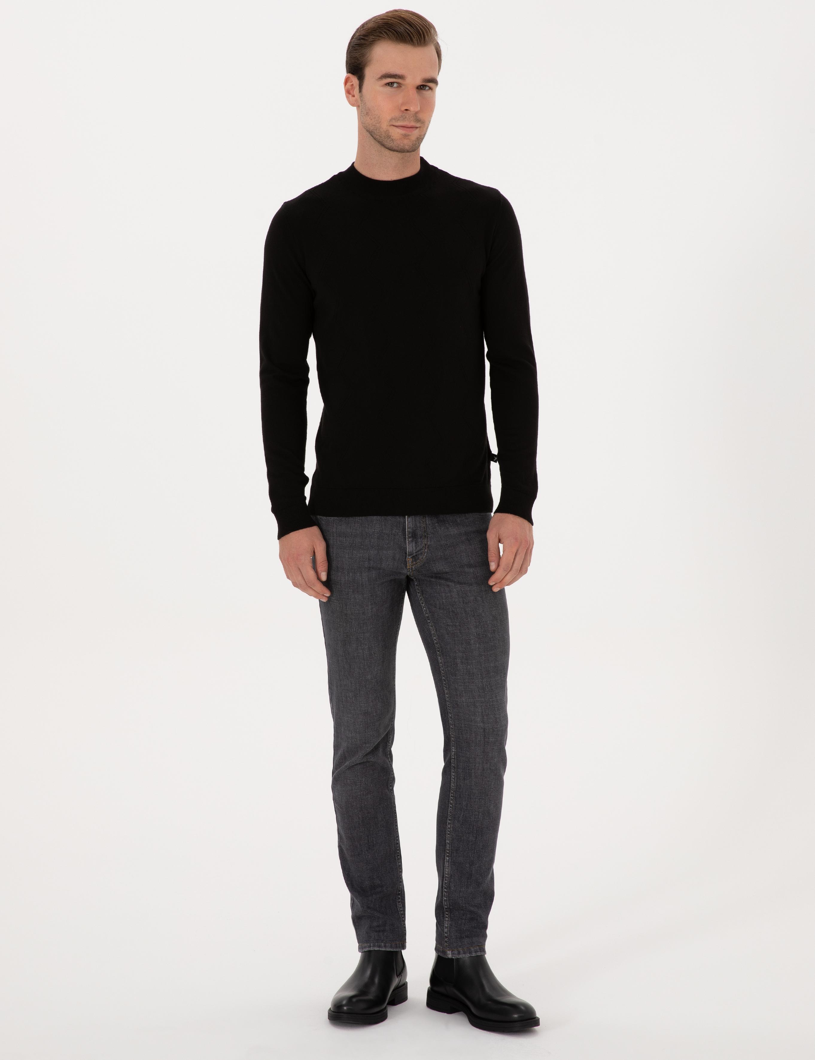 Siyah Slim Fit %100 Pamuk Çeyrek Balıkçı Yaka Triko Kazak - 50318950021