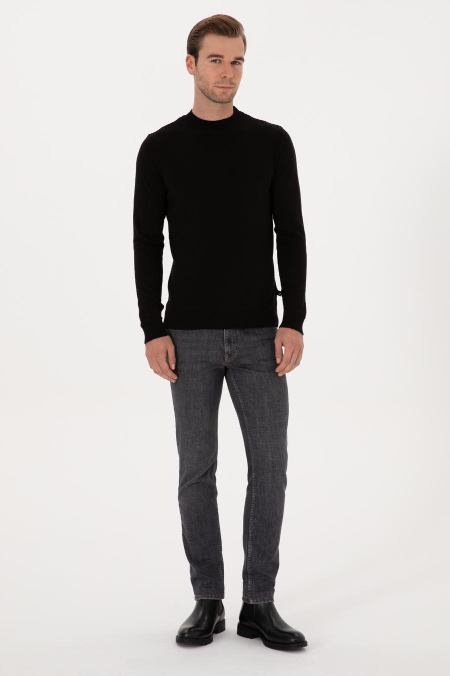 Siyah Slim Fit %100 Pamuk Çeyrek Balıkçı Yaka Triko Kazak - 50318950021