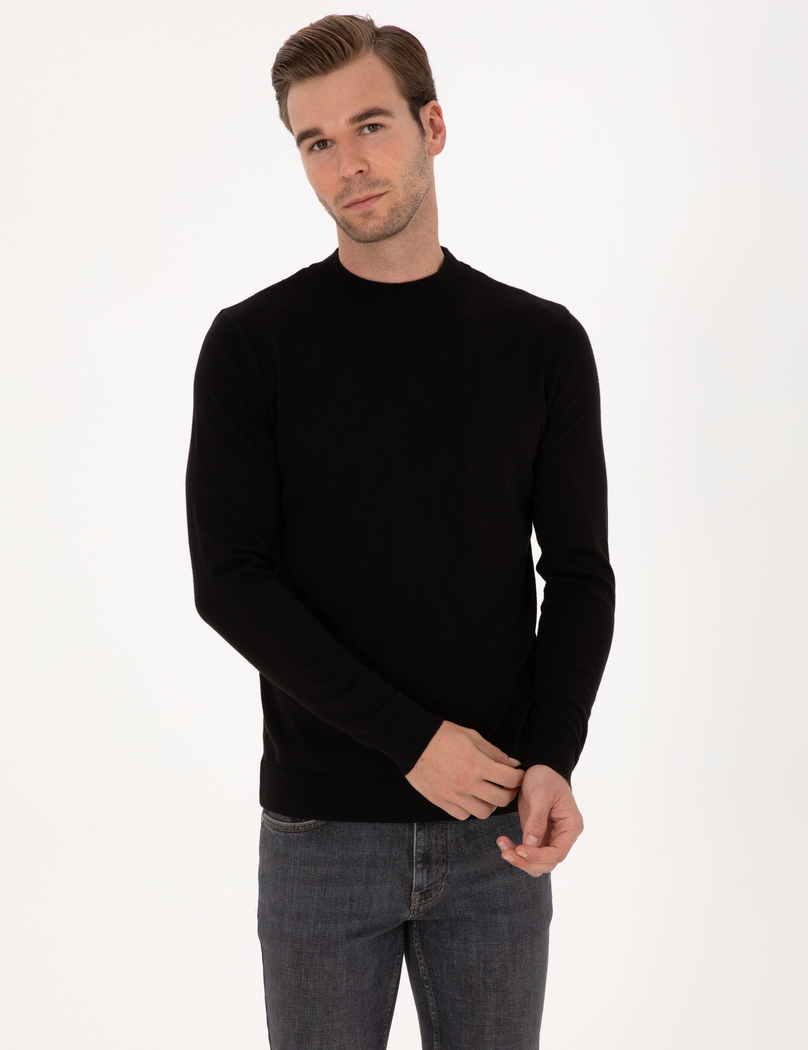 Siyah Slim Fit %100 Pamuk Çeyrek Balıkçı Yaka Triko Kazak - 50318950021