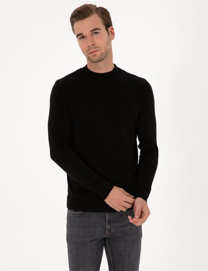 Siyah Slim Fit %100 Pamuk Çeyrek Balıkçı Yaka Triko Kazak