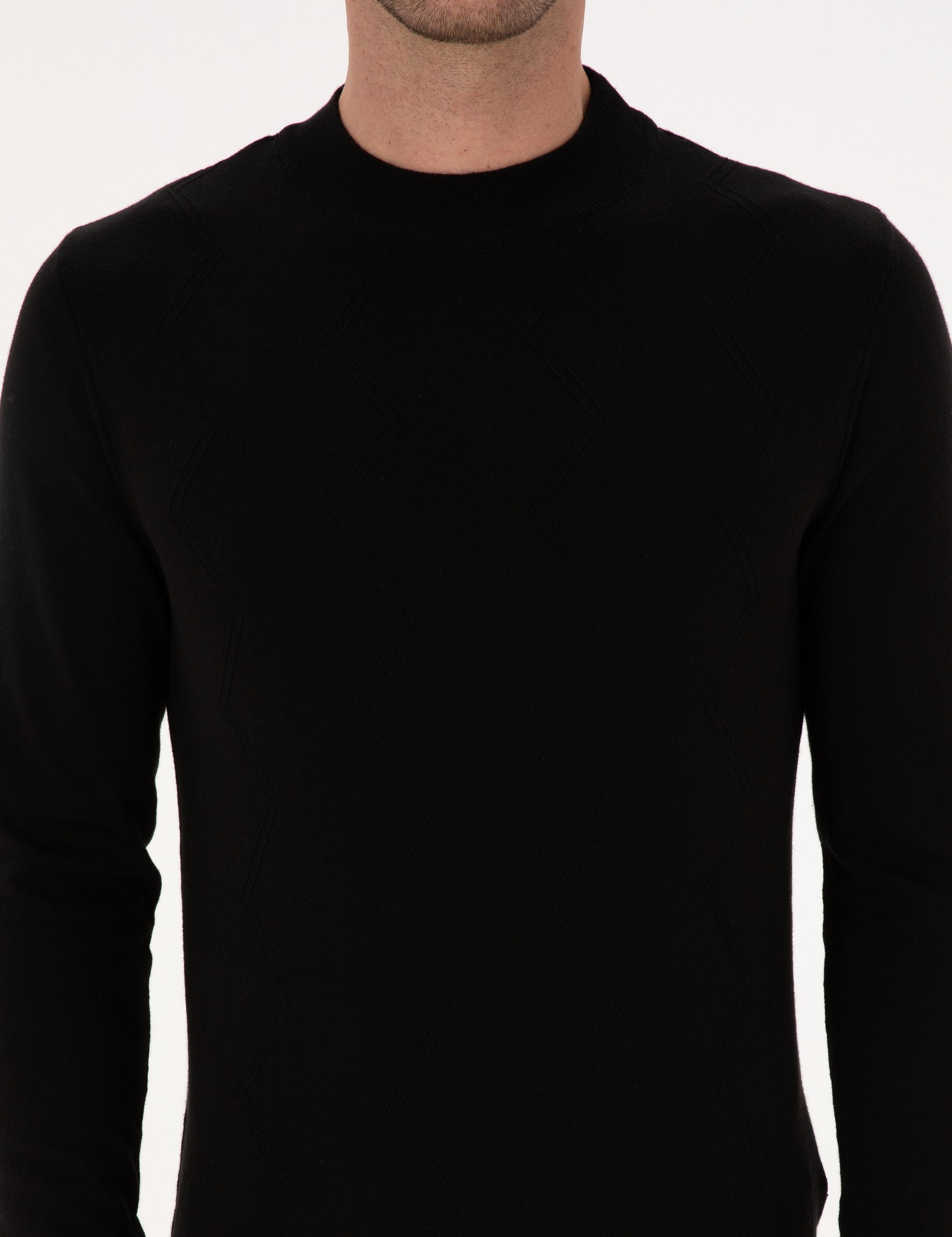 Siyah Slim Fit %100 Pamuk Çeyrek Balıkçı Yaka Triko Kazak - 50318950021
