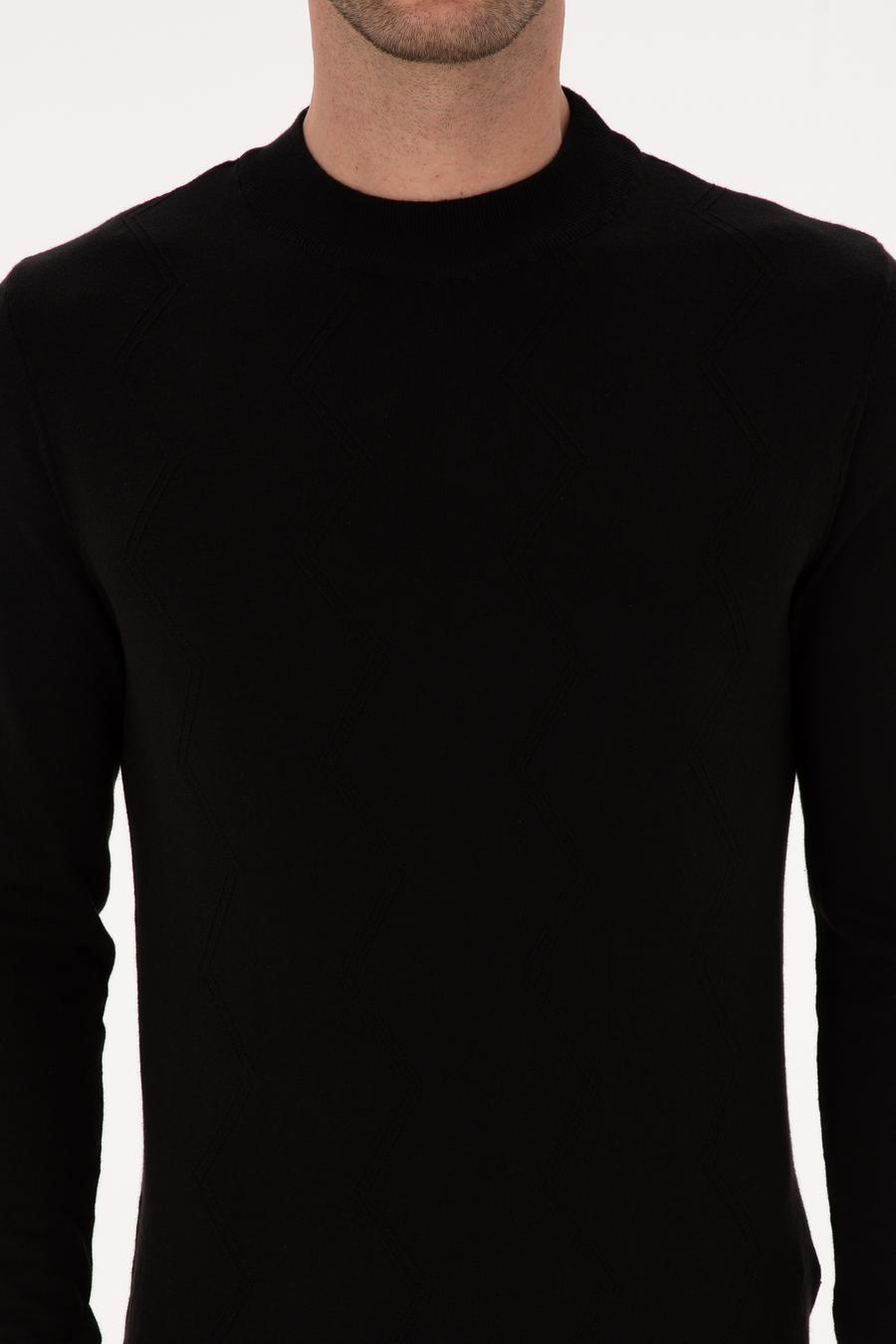 Siyah Slim Fit %100 Pamuk Çeyrek Balıkçı Yaka Triko Kazak - 50318950021
