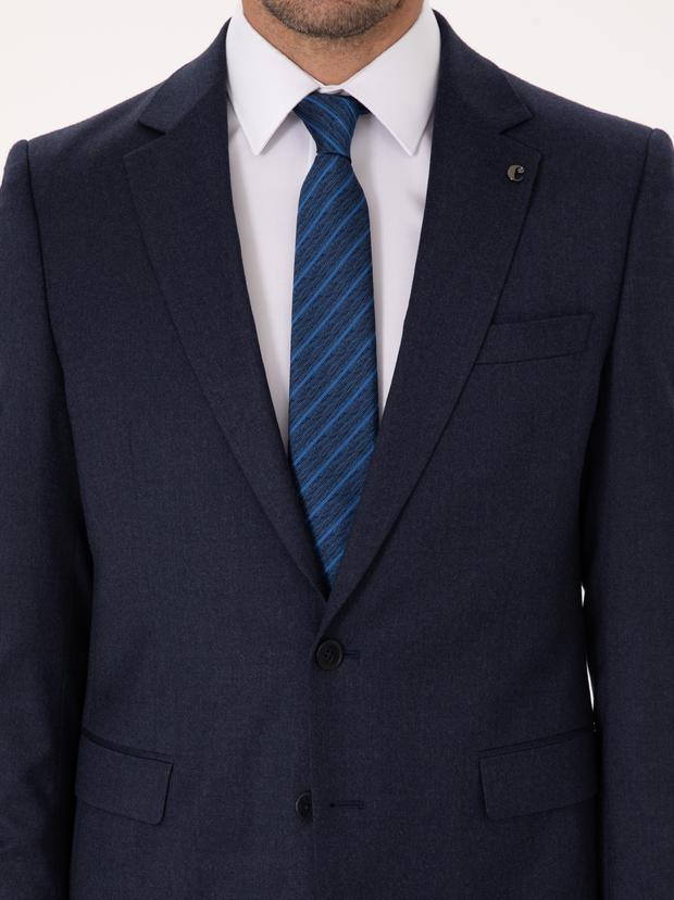 Lacivert Slim Fit Yün Karışımlı Mikro Desenli Klasik Ceket