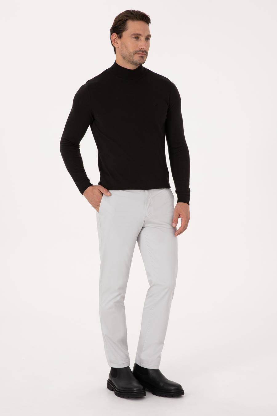 Açık Gri Regular Fit Pamuk Karışımlı Kanvas Pantolon - 50306204023