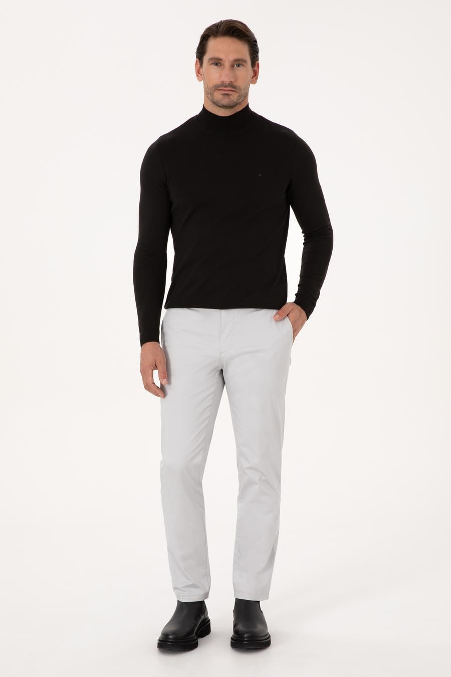 Açık Gri Regular Fit Pamuk Karışımlı Kanvas Pantolon - 50306204023