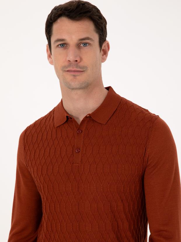 Karamel Slim Fit Yün Karışımlı Polo Yaka Triko Kazak