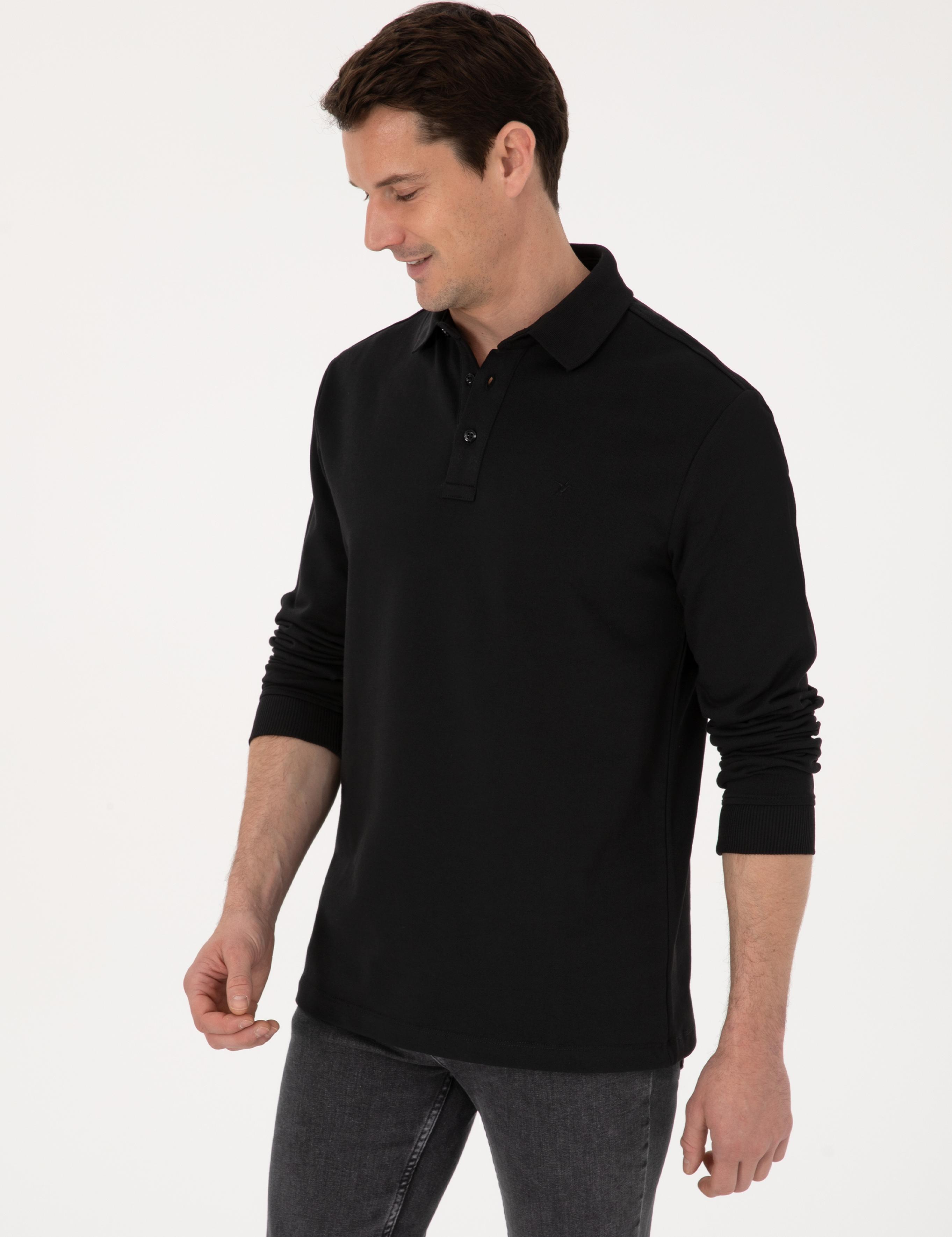 Siyah Regular Fit %100 Pamuk 3 İplik Polo Yaka Sweatshirt - 50318960002