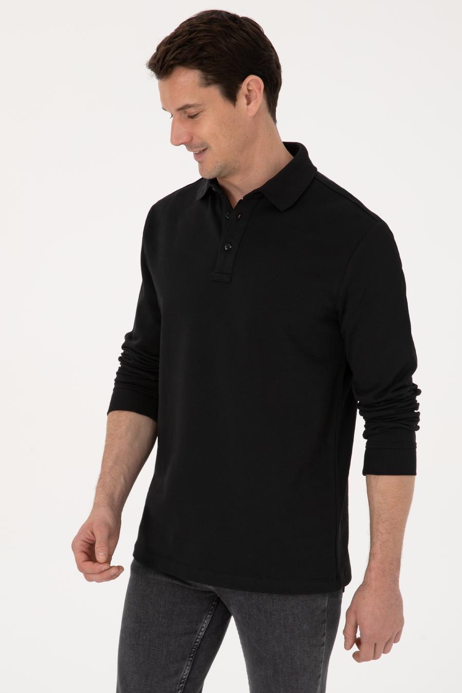 Siyah Regular Fit %100 Pamuk 3 İplik Polo Yaka Sweatshirt - 50318960002