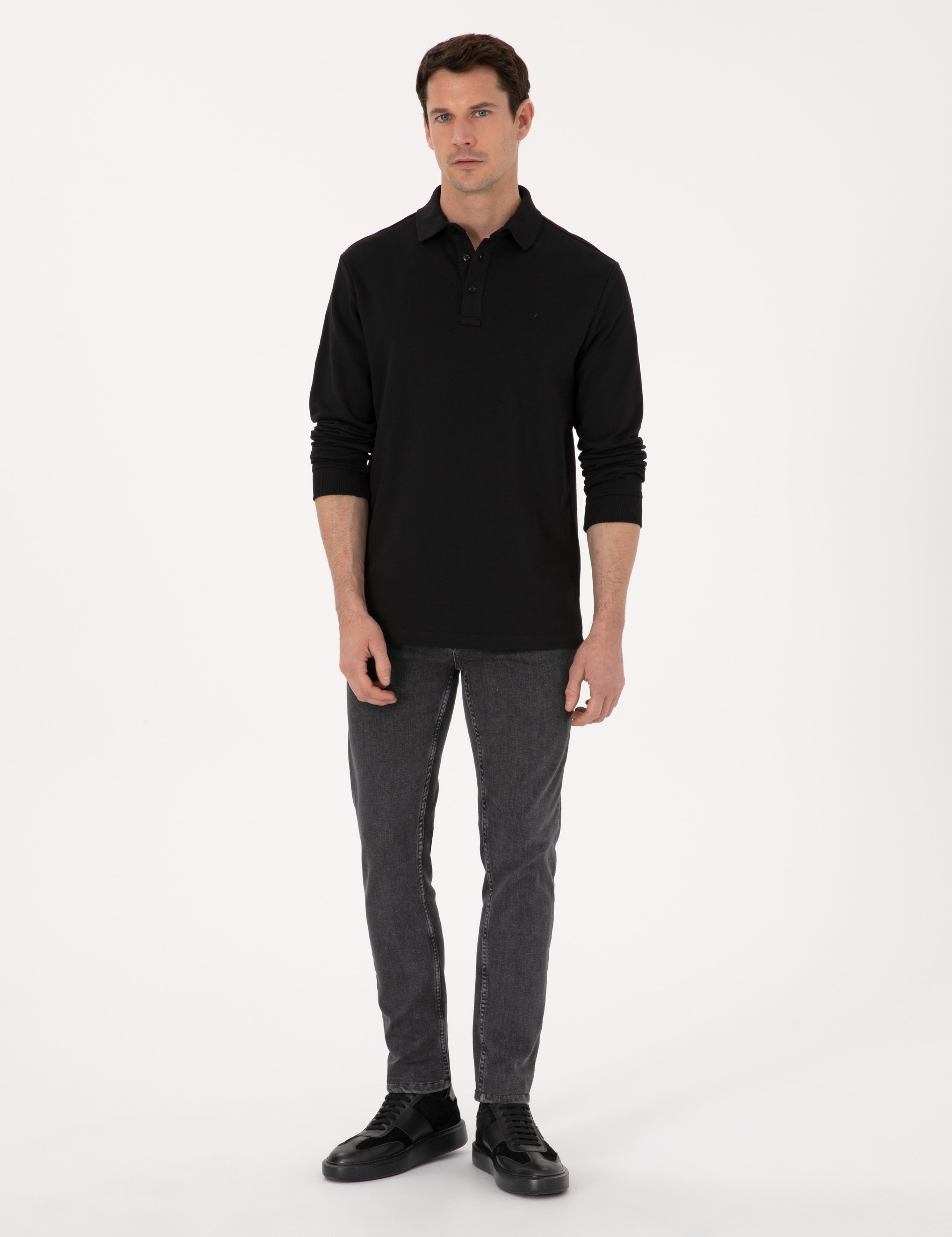 Siyah Regular Fit %100 Pamuk 3 İplik Polo Yaka Sweatshirt - 50318960002