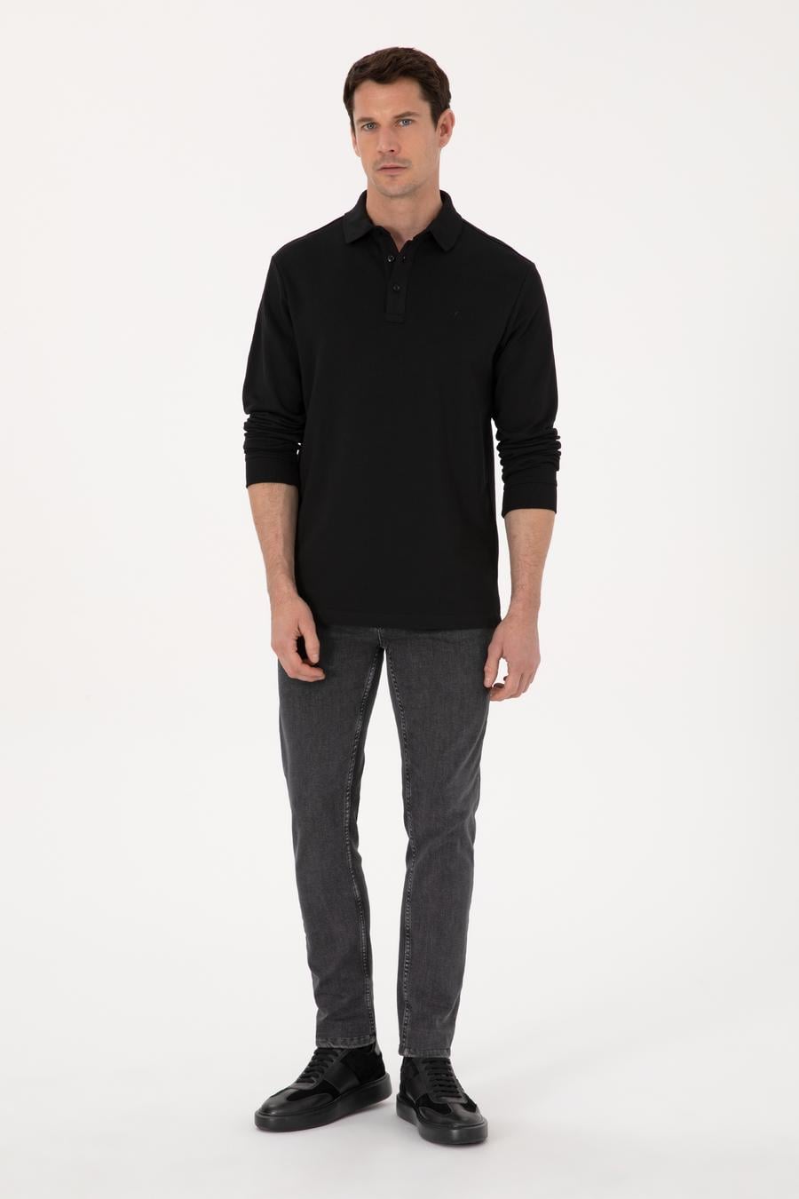 Siyah Regular Fit %100 Pamuk 3 İplik Polo Yaka Sweatshirt - 50318960002