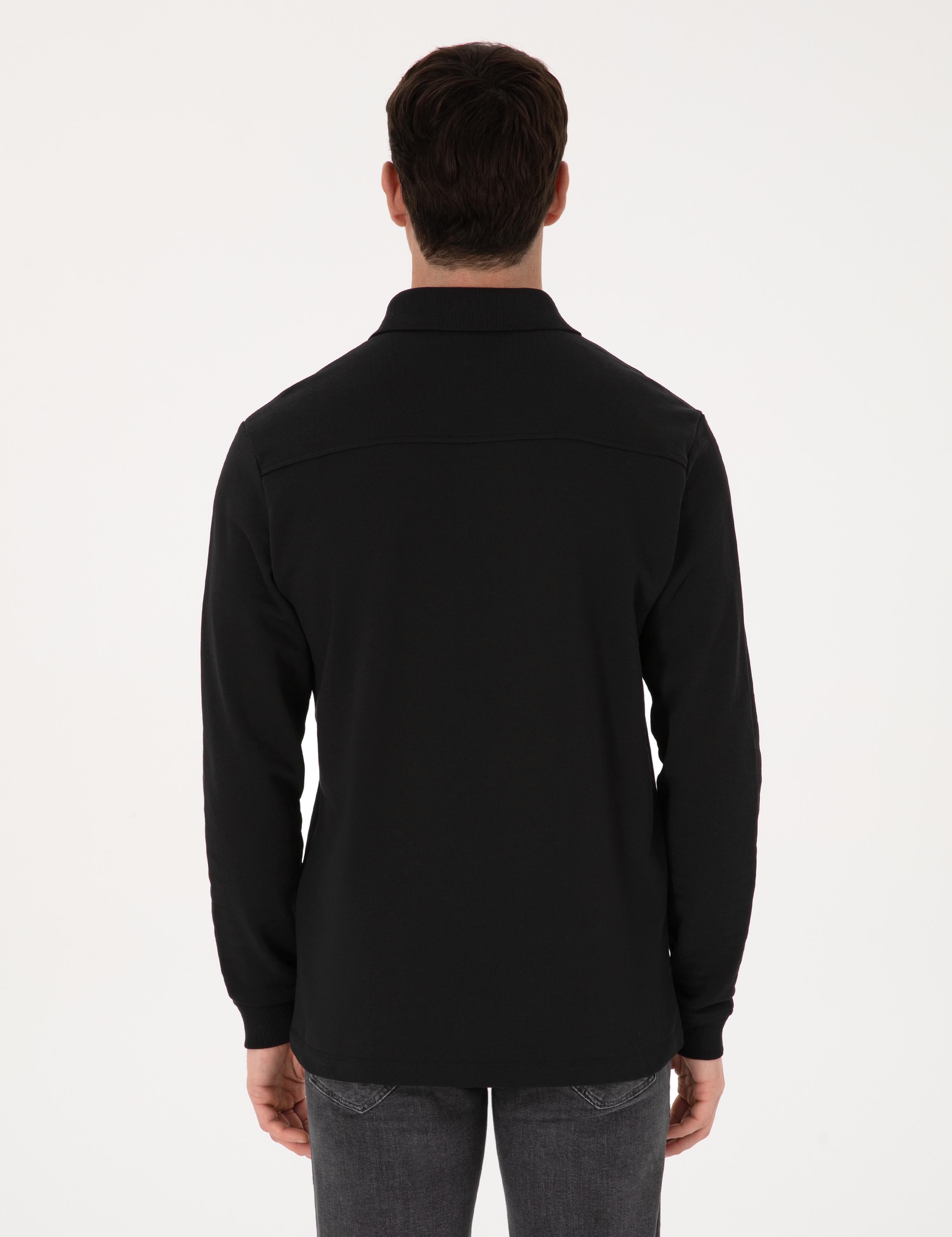 Siyah Regular Fit %100 Pamuk 3 İplik Polo Yaka Sweatshirt - 50318960002