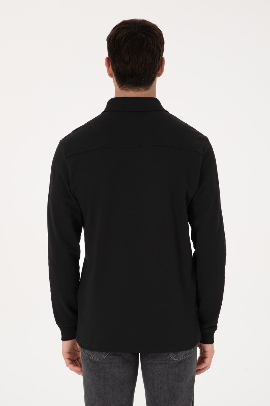 Siyah Regular Fit %100 Pamuk 3 İplik Polo Yaka Sweatshirt - 50318960002