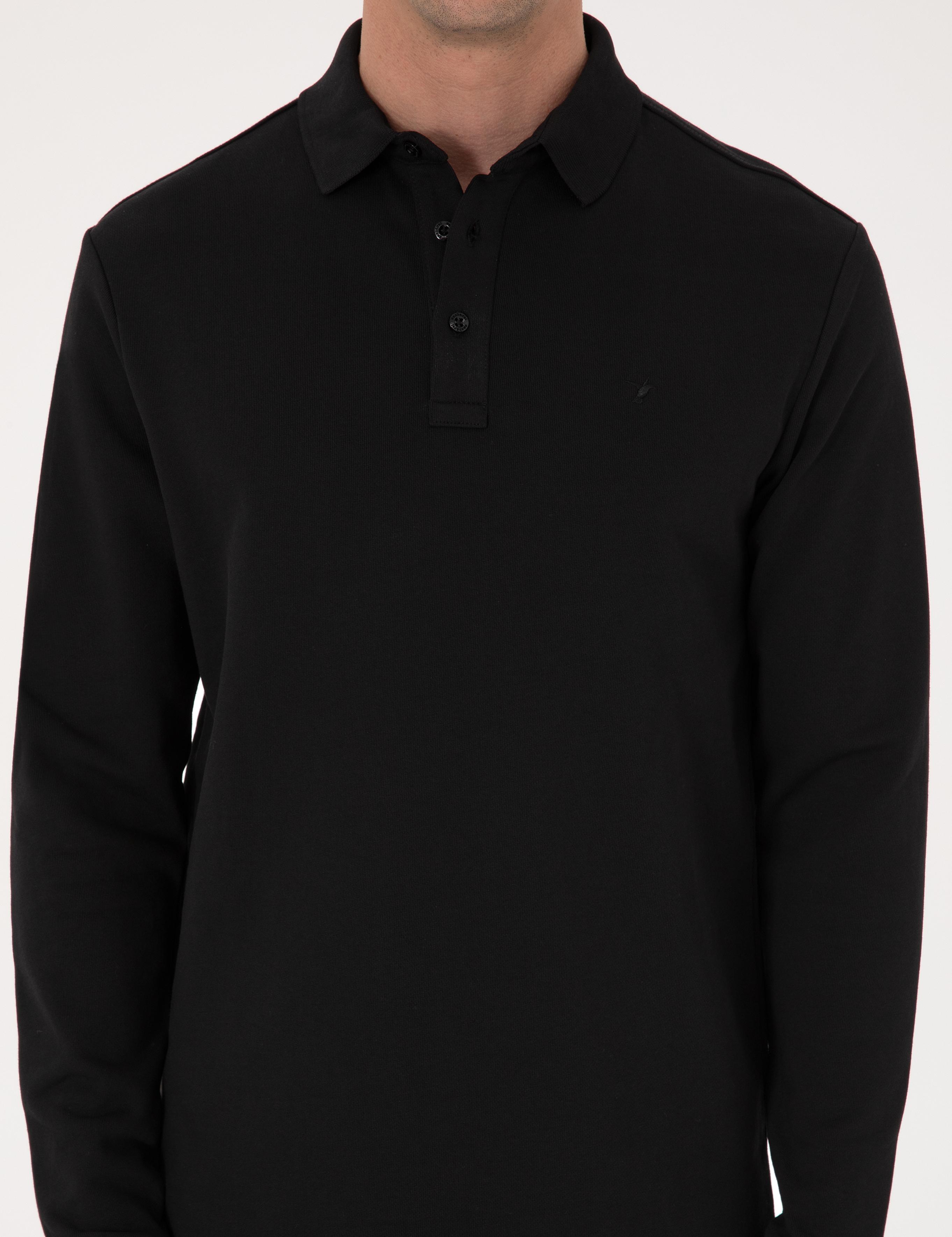 Siyah Regular Fit %100 Pamuk 3 İplik Polo Yaka Sweatshirt - 50318960002
