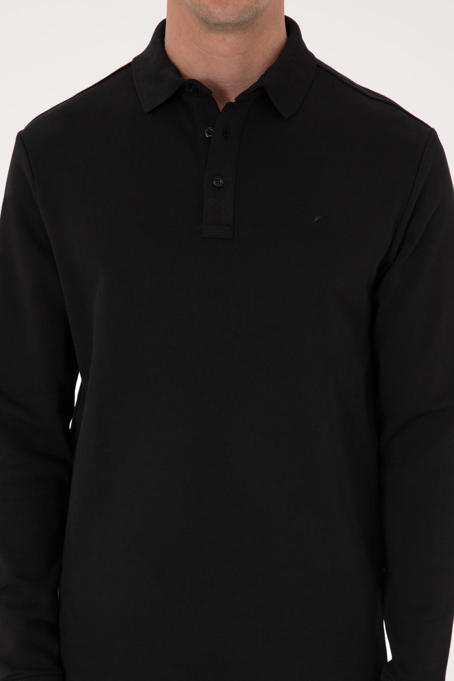 Siyah Regular Fit %100 Pamuk 3 İplik Polo Yaka Sweatshirt - 50318960002