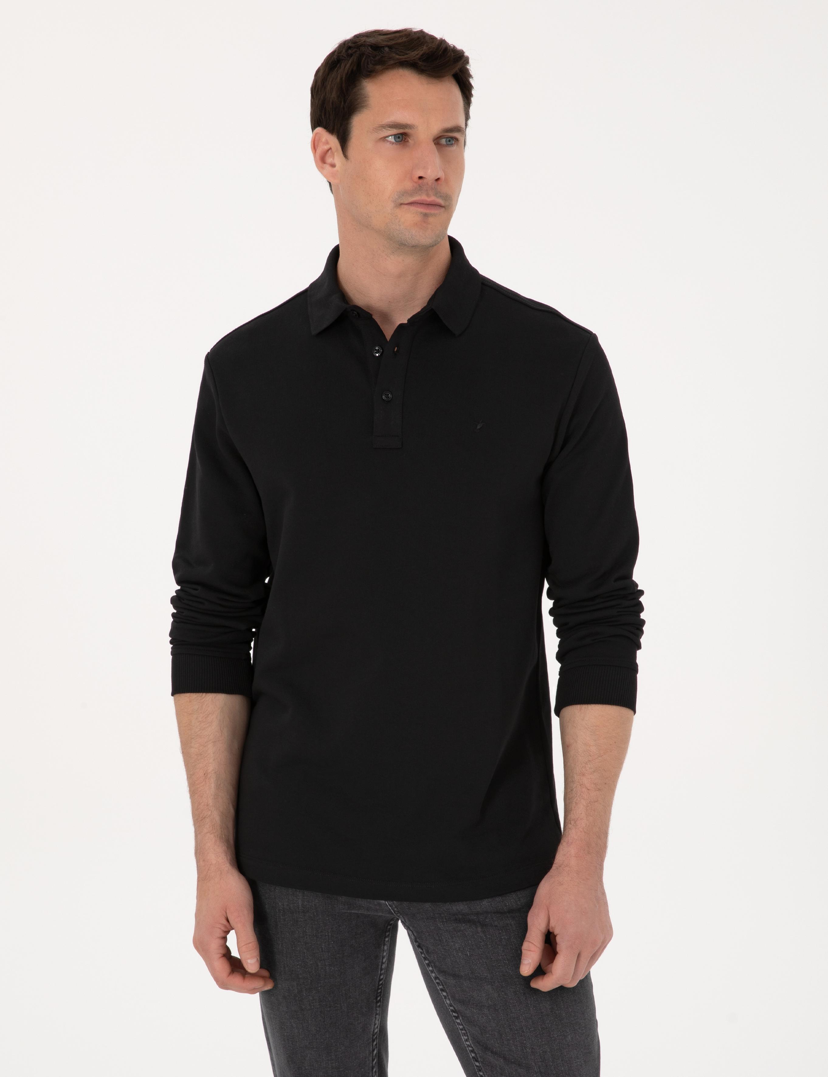 Siyah Regular Fit %100 Pamuk 3 İplik Polo Yaka Sweatshirt - 50318960002